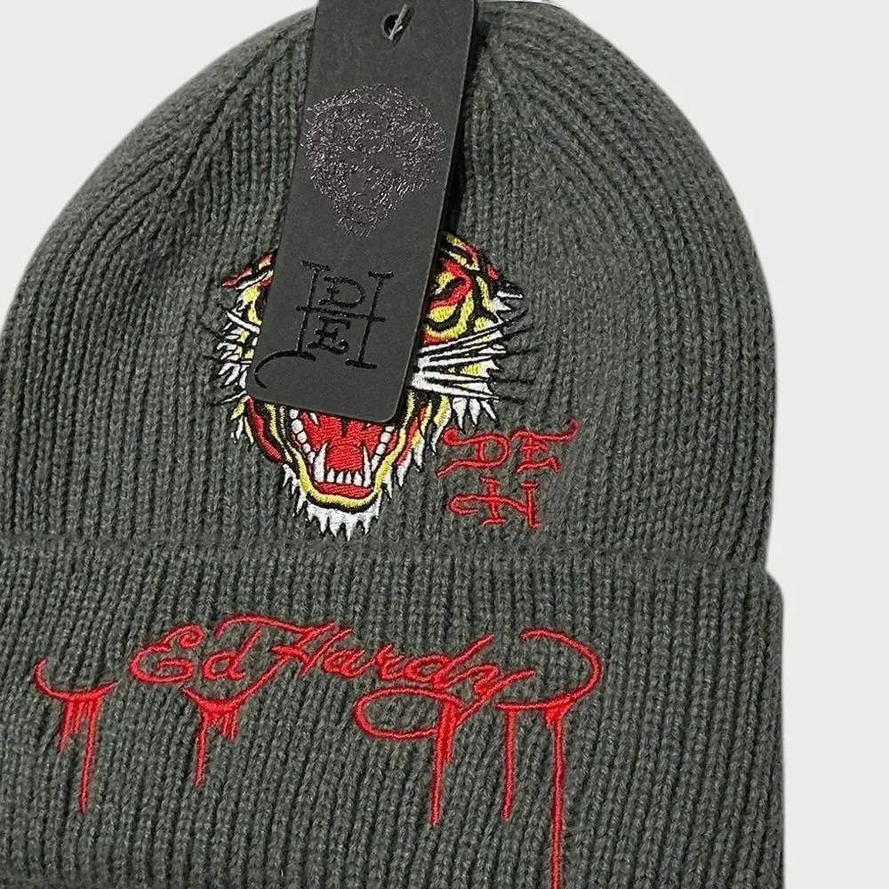 Ed Hardy Tiger Embroidered Beanie Youth OS Gray Knit Hat NWT